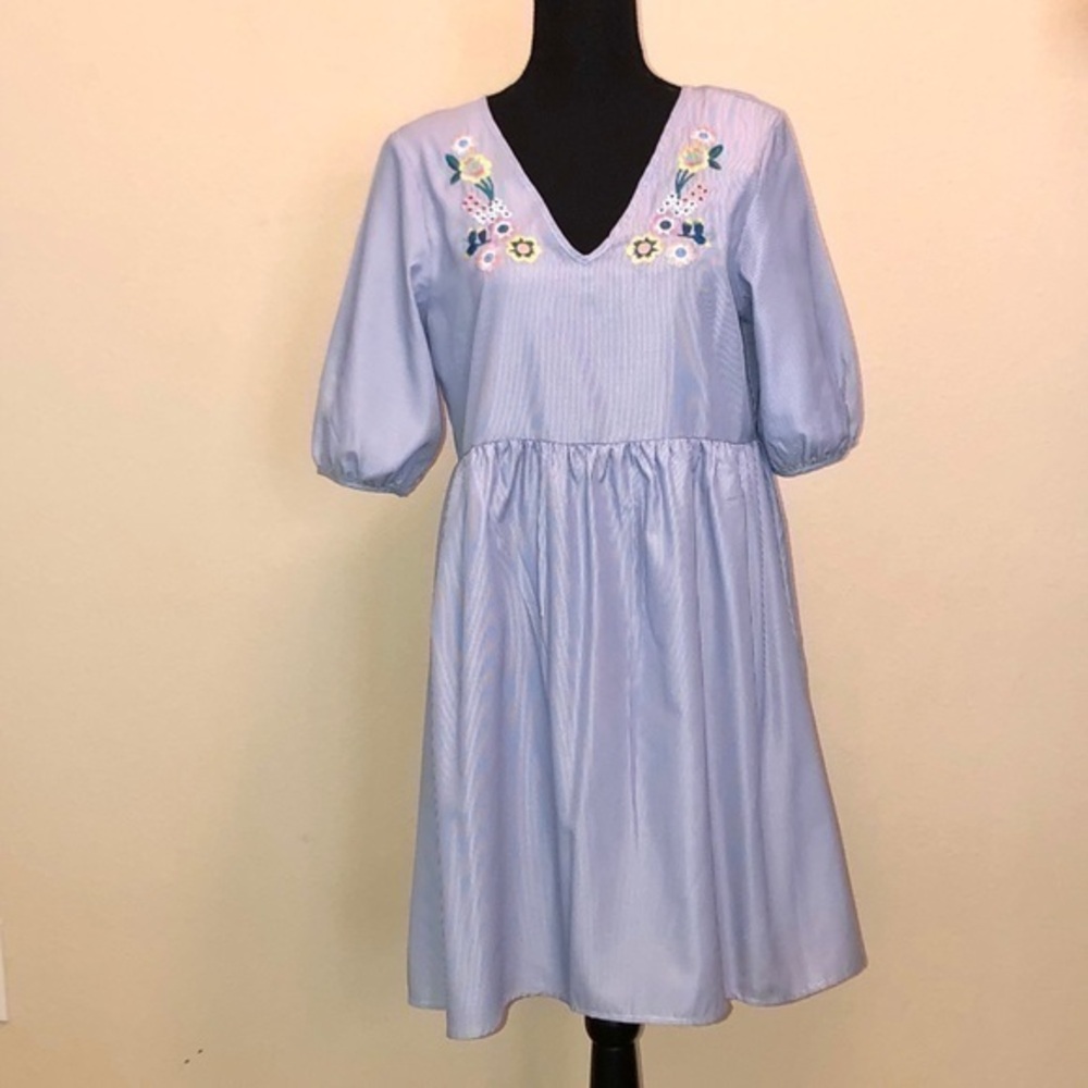 Potter's Pot Embroidered Baby Doll Dress Blue Stripe Size M NWT